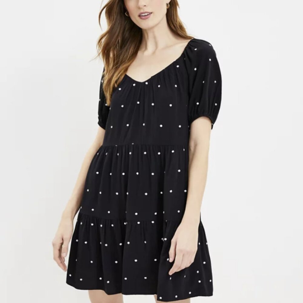 LOFT Petite Dotted Black Tiered Swing Dress